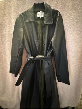 Rebecca Minkoff Navy Blue Leather Long Trench with Wrap Belt
